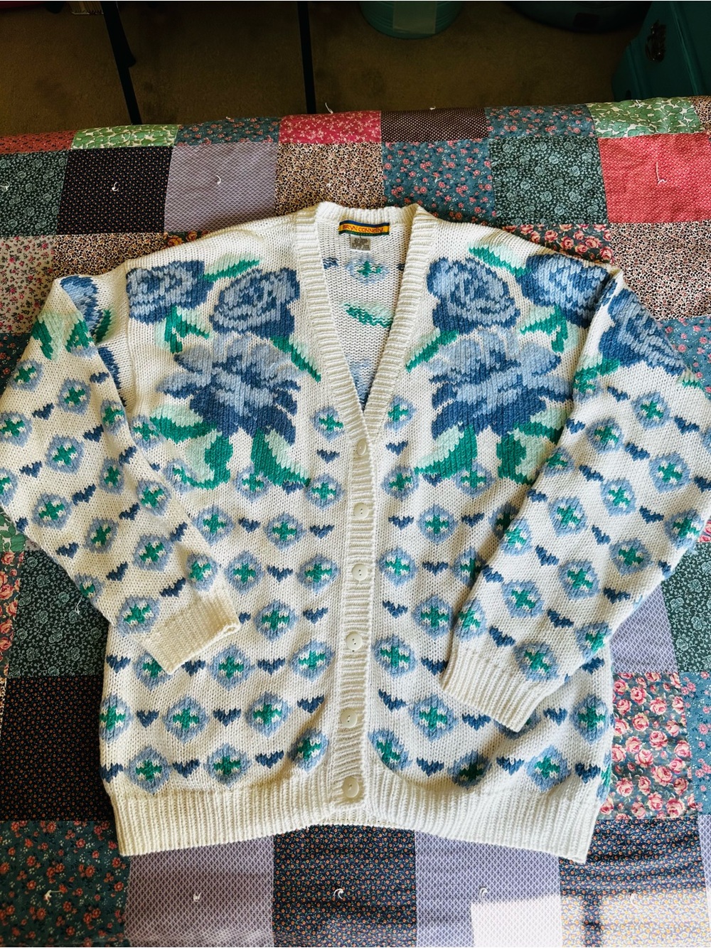 Vintage Bryn Connelly Large Cardigan Sweater Blue Floral - Shoulder Pads Missing